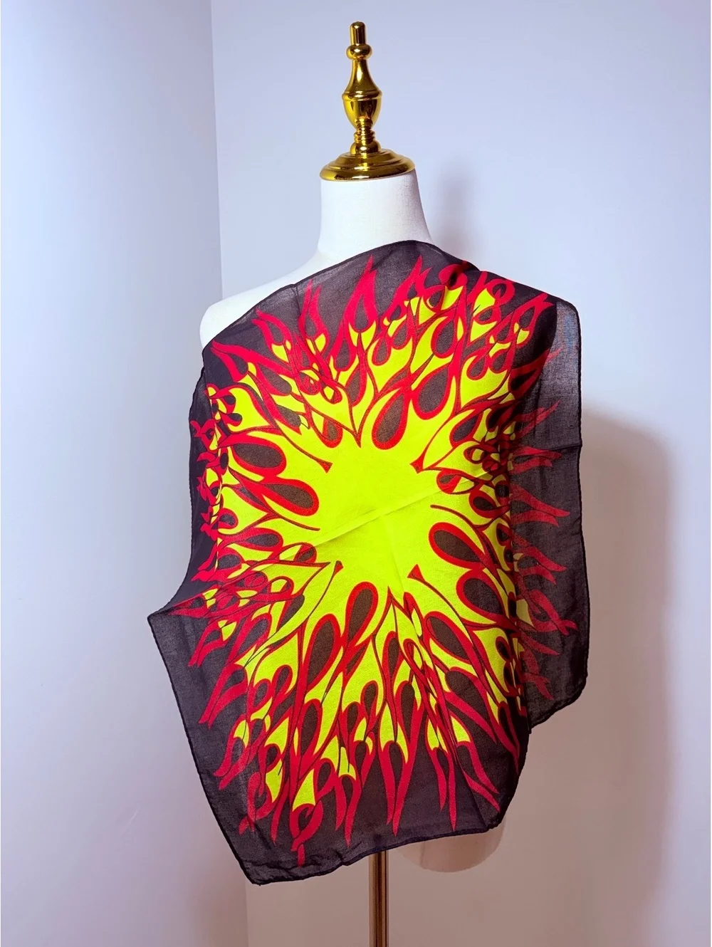 Square Flame Design Scarf - Lightweight, Bold Red and Yellow on Black